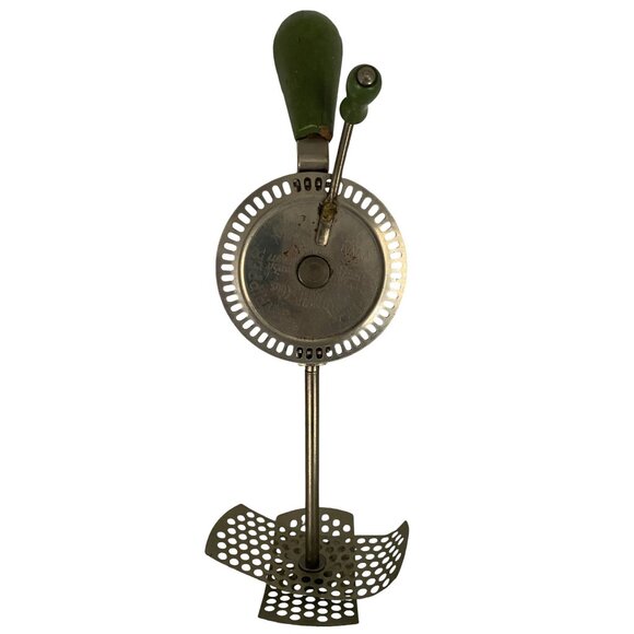 Hand-Crank Egg Beater Whipped Cream Green Handle & Stainless Steel Blade Vintag - Picture 1 of 3